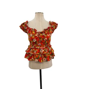 Marissa Webb Amaya Floral Ruffle Peplum Top Puff Sleeve Red Size 6‎ thumbnail 3
