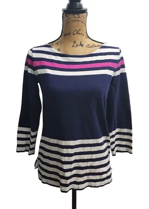J. Crew Striped Top 3/4‎ Sleeve Boat Neck Pink Accent Casual Tee Shirt Medium thumbnail 1