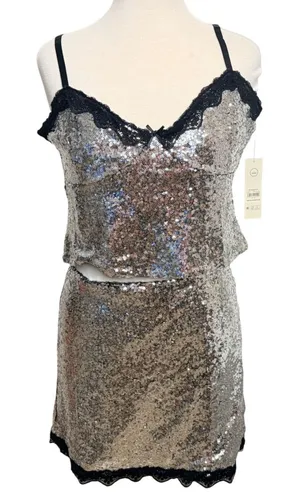 No Boundaries Sequin Cropped Skirt Set Sz L Silver Black Lace Trim Party Glam thumbnail 1
