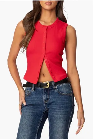 Edikted red “Basel front button up tank” sweater cardigan thumbnail 1
