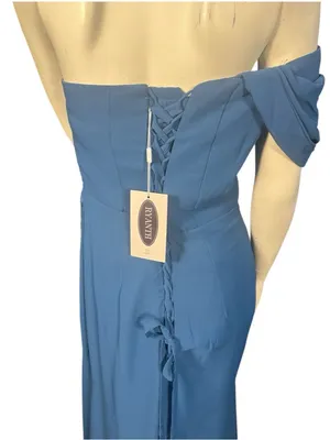 Ryanth Asymmetrical Off Shoulder Ruched Bodice Chiffon Evening Gown Blue 12 NWT thumbnail 5
