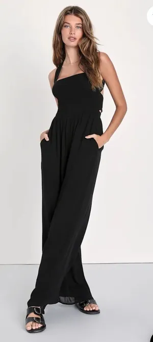 Lulus Trendy Aesthetic Black Smocked Tie Back Wide Leg Jumpsuit thumbnail 1
