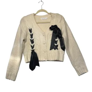 All In Favor Cable Knit Ribbon Cardigan Beige Black Lace Up XS LT21358-001 thumbnail 2