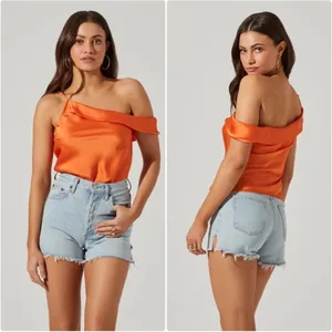 ASTR The Label Orange One Shoulder Top M Satin thumbnail 2