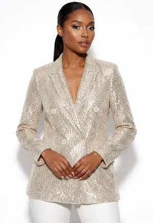 NWT Vine & Love Sequin Double Breasted Blazer Gold Glam Party Going Out Size S thumbnail 1