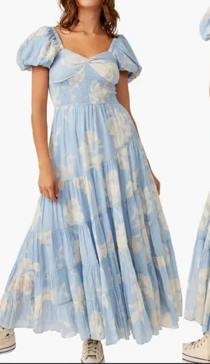 NWOT Free People Sundrenched Floral Tiered Maxi sky blue combo Sundress sz M thumbnail 1