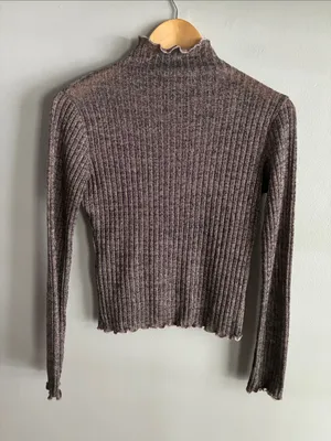 Chelsea & Violet Metallic Ribbed Mock Neck Crop Top Sheer Shimmer Long Sleeve S thumbnail 6