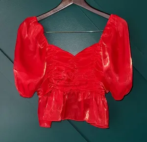 Chic Red Ruched Blouse with Puff Sleeves Size M thumbnail 1