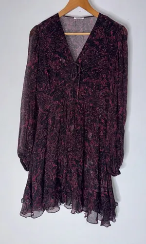 Replay Medium Black Purple Floral Lace Up‎ Ruffle Dress thumbnail 1