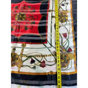 Vintage Equestrian Chain Print Square Scarf Red Black Gold‎ Tassel Sheer Stripe thumbnail 4