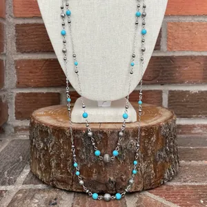 Layered Navajo Style Pearl & Turquoise Spaced Bead Necklaces thumbnail 2