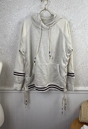 POL Cream & Gray Oversized Boho Stripe Cowl Neck Lace-up Hoodie - Size - Medium thumbnail 1