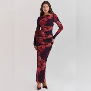 House of CB Ruched Georgette Rose Longsleeve Maxi Dress XS - Floral thumbnail 2