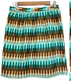 Milly Womens 6 Pencil Skirt 100% Silk Geometric Ikat‎ Brown Green Cream Lined thumbnail 1