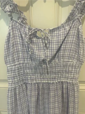Wayf Blue and White Gingham Smocked Mini Dress with Ruffle Straps thumbnail 4