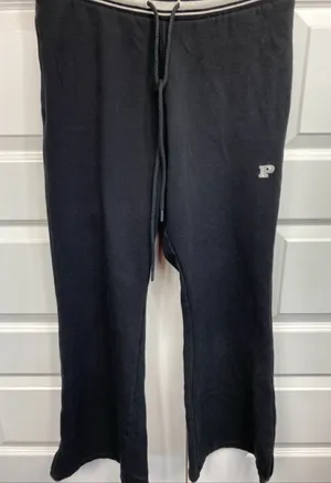 Victorias Secret PINK Striped Logo Joggers Sweatpants Wide Leg Black Medium thumbnail 1