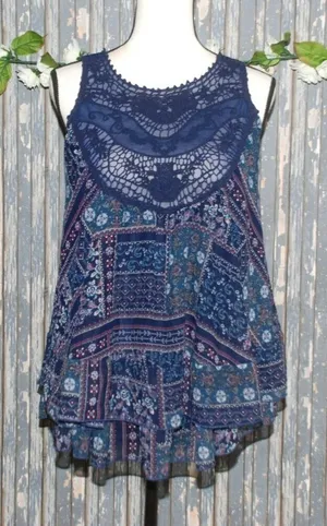 Altar'd State Crochet Blue Patchwork Sleeveless Blouse Top Size XS Flowy thumbnail 1
