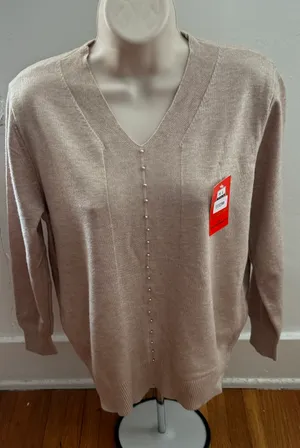 NWT Beige Pearl Beading V-neck Ribbed Detailing Cottagecore Sweater, size M thumbnail 1