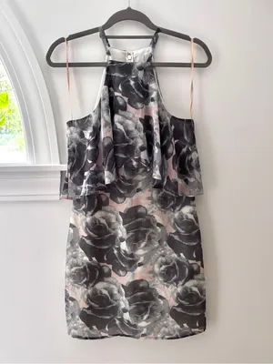 Ali & Jay Floral Print Tiered Bodice Halter Dress S Chiffon Layered Gray Pink thumbnail 4