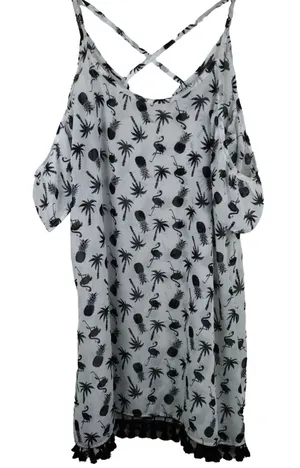 Miken Swim Cold Shoulder‎ Swim Cover Up Women M White Flamingo Tassel Coastal thumbnail 1