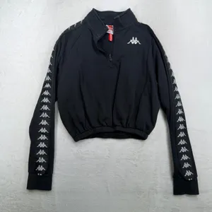 Kappa L Cropped Banda Puria Sweatshirt Black 1/4 Zip Logo Tape Sleeve Sporty thumbnail 2