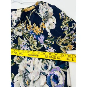 CHICO'S 0 Floral Peasant Blouse Women Small 4 Navy Blue Long Sleeve Split‎ Neck thumbnail 7