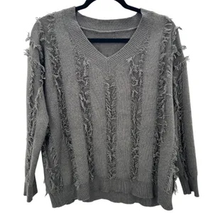 Women's Charcoal Green Boho Grunge Fringe Detail Wool Blend Sweater Size Large‎ thumbnail 1