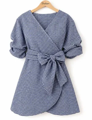 The Edit by Seventeen Juniors M Blue White Gingham Wrap Dress Puff Sleeve NWT thumbnail 1