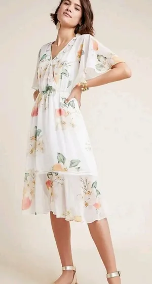 Farm Rio Small Elosia Floral Dress White Ivory Summer Sheer Boho Bridal Swing thumbnail 1