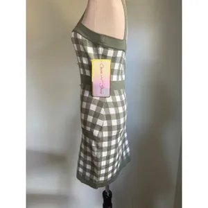 Coco and Shay Olive Green Gingham Knit Bodycon Dress Gold Buttons M NWT dainty thumbnail 3