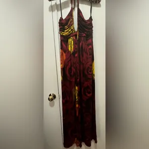 Alice + Olivia Silk V-Neck Halter Top Maxi Dress Red Orange Roses Size Large thumbnail 5