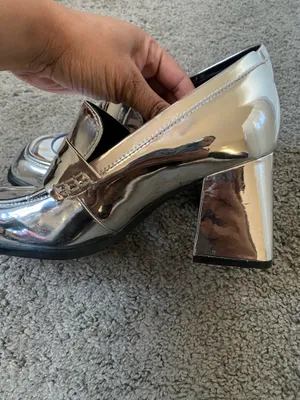 Nine West Size 6 Metallic Silver Block Heel Loafers - Women's Stylish Penny Loaf thumbnail 5