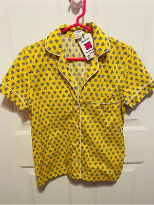 J. Crew Short-Sleeve Yellow Button-Up with Navy Floral Print thumbnail 1