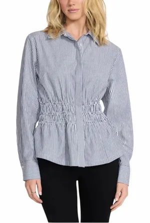 NEW Steve Madden Smock Waist Stripe Button Up 100% Cotton Longsleeve Top, Size M thumbnail 1