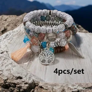 4pcs/set Bohemian Hand‎ String, Tree Of Life Feather Wings Pendant Bracelet thumbnail 3