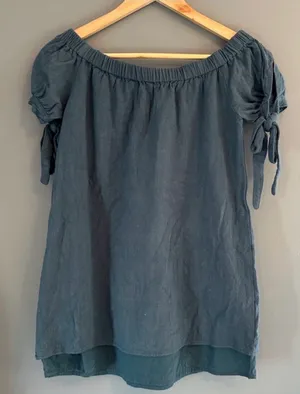 Lulus blue tie off the shoulder short sleeve blouse thumbnail 1