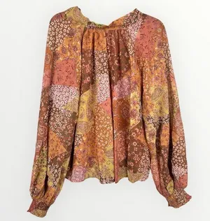 Aura Floral Paisley Patchwork Long Sleeve Peasant Blouse Size L Tie Back thumbnail 1