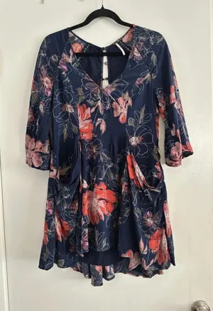 Free People Navy Floral Keyhole Blouse with Pink & Coral Accents thumbnail 1