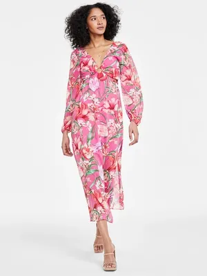Pink Floral Midi Dress with Front Ring and Cutout Details thumbnail 2