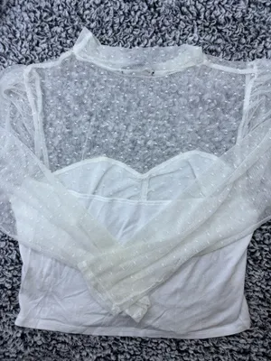 White Coquette Romantic Swiss Dot Mesh Long Sleeve Ruched Sweetheart Crop Top Size L thumbnail 6