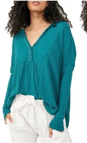 Free People Waffle Knit Leo Henley Tee In Teal Green‎ Oversized Size Medium thumbnail 1