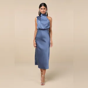 LULU’S Distinctive Charm Slate Blue Satin Asymmetrical Midi Dress thumbnail 6