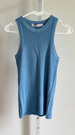 Zara NWT Women's Light Blue Ribbed Knit Tank Top High Neck Size L thumbnail 1