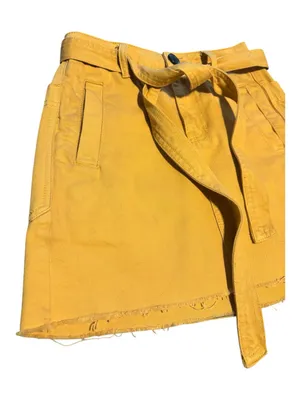PacSun Mustard Yellow Denim Mini Skirt Belted Raw Hem‎ Pockets Size 23 thumbnail 2