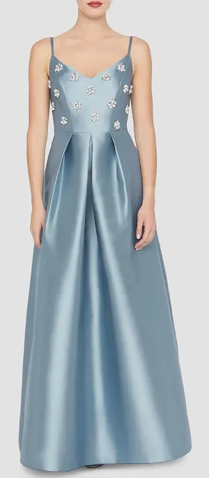 NEW Kay Unger Eloise Satin Floral-Embellished Ice blue Gown Sz 10 thumbnail 1