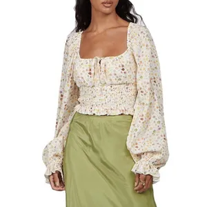Charlie Holiday Bobby Floral Smocked Crop Top Blouse Puff Sleeve Cottagecore thumbnail 3
