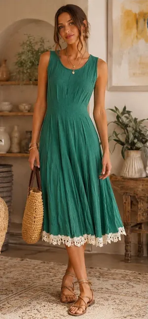 Alya Anthropologie Emerald Green Sleeveless Lace Hem Midi Dress Medium Boho thumbnail 1