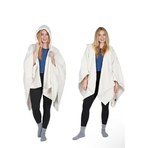 Catalonia Sherpa Fleece Hooded‎ Poncho Wrap Cream White Wearable Blanket Pockets thumbnail 9