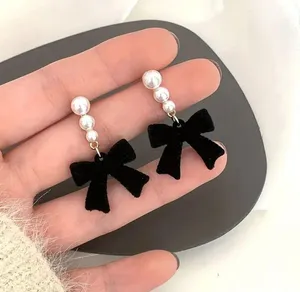 NEW Elegant Black Bow Dangle Earrings with Faux Pearl Accents, Trendy Earrings thumbnail 1