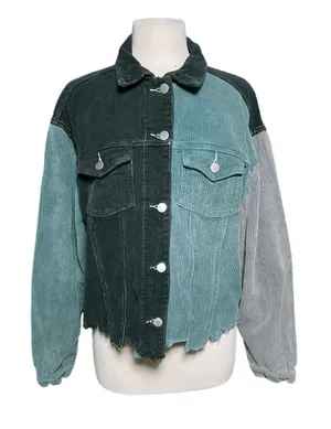 POL Women’s Colorblocked Raw Hem Distressed Button Up Jacket thumbnail 1